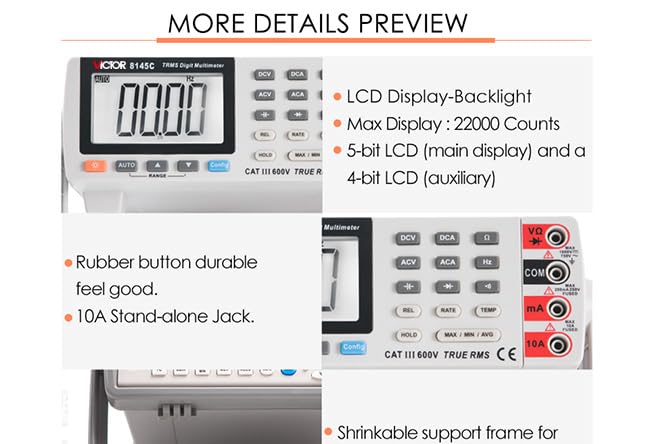 Detaljeret view of VICTOR 8145C LCD display, buttons, and input jacks.