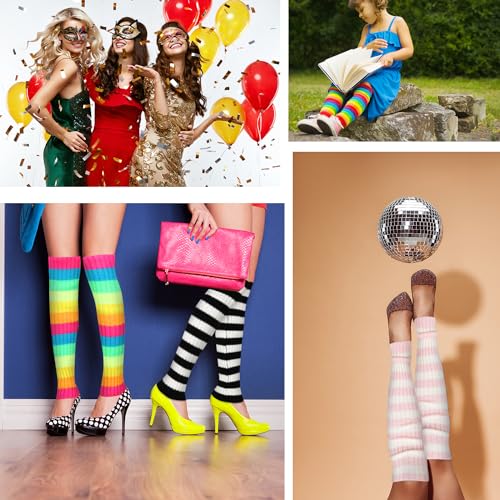Image of Benefeet Striped Leg Warmers for Women & Girls - Ribbed Knit Soft Colorful Long Warmers for 80s 90s Dance Party