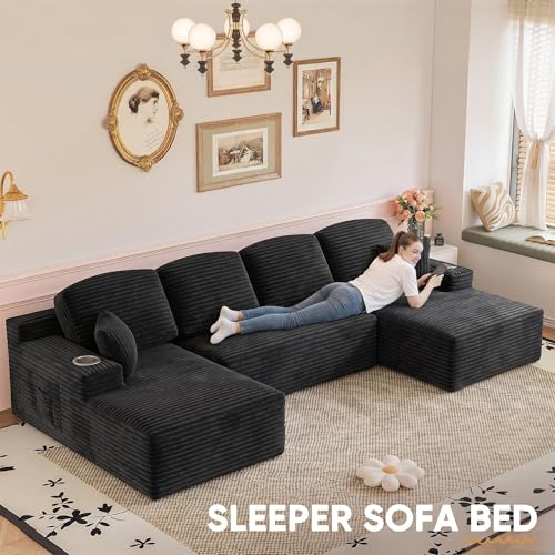 Image of Homall 142 inch Boneless Couch, Modular Sectional Sofa, No Assembly Required, Memory Foam Filling, Corduroy U-Shaped Sofa, Movable Multi-Person Couch for Living Room (Black)
