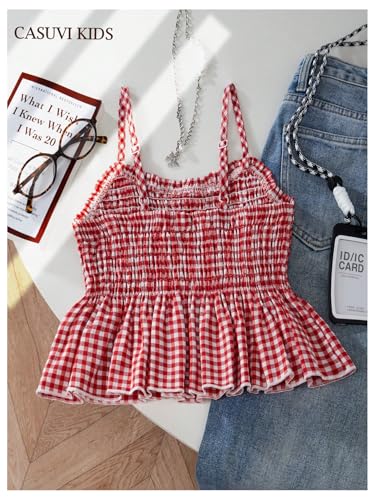 Girl's Gingham Peplum Cami Tops Smocked Ruffle Hem Spaghetti Strap Babydoll Tank Tops2