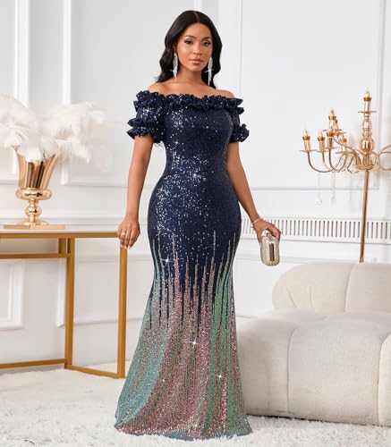 Image of dasmzper Women Sexy Sequin Off Shoulder Ruffle Short Sleeve Bodycon Mermaid Party Formal Evening Maxi Dress