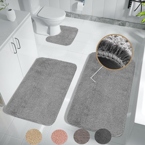 Achiiso Bathroom Mat Set 3 Pieces,Non Slip Bathroom Toilet Mat, Super Absorbent Microfiber Bathroom Floor Mat Machine Washable Bath Rug(Grey,U40x50cm +50x60cm+50x80cm)