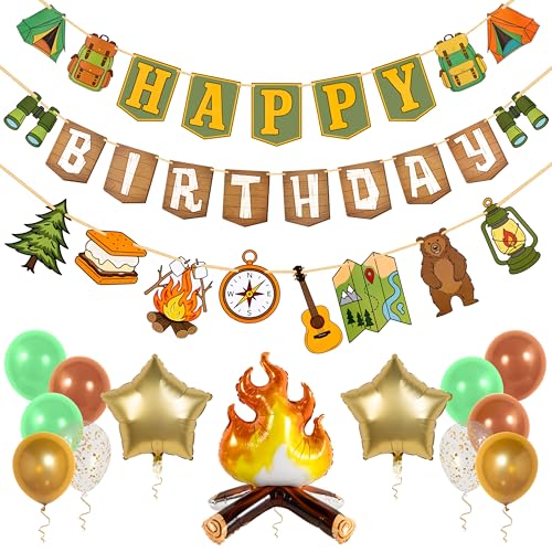 Pirese One Happy Camper Birthday Decorations Camping Birthday Party Decorations Campfire Camping Banner Party Kit with Balloons