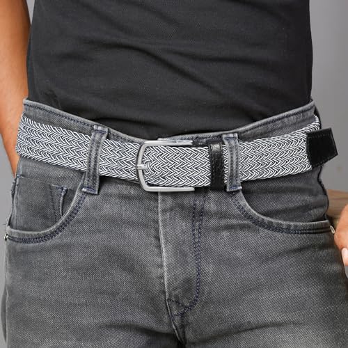 Image of LOUIS STITCH Men's Braided Elastic Stretch Belt with Leather Tipped End Stretchable Canvas Waist Band for Men Women Boys Girls Unisex (Width 3 cm) (BE-EL)
