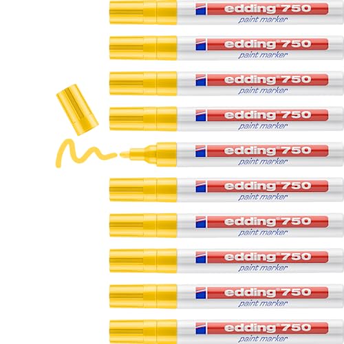 edding 750 marqueur peinture - jaune - 10 stylos - pointe ronde 2-4 mm - marqueur de peinture pour l'étiquetage du métal, verre, roche ou du plastique -...