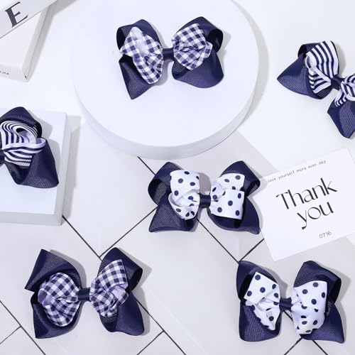 Image of Whaline Hair Bow Clips, 6Pcs Back to School Uniform Hair Accessories, Navy Blue Plaid Stripe Dot Grosgrain Ribbon Alligator Clips, 3 Styles