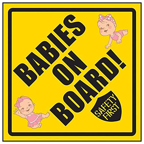 Image of VSafety Babies On Board! Safety First /Girl & Girl Sign - 150mm x 150mm - Yellow Rigid Plastic