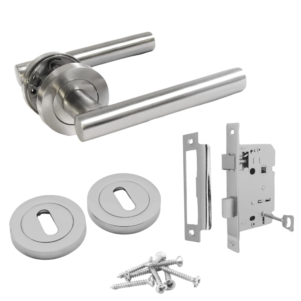 Epsom Door Handle Silver Epsom Lock Door Handle – T-Bar Lever On Rose, Satin Nickel, 123Mm Lever, 52Mm Rose –With Escutcheons & Mortice Sash Lock