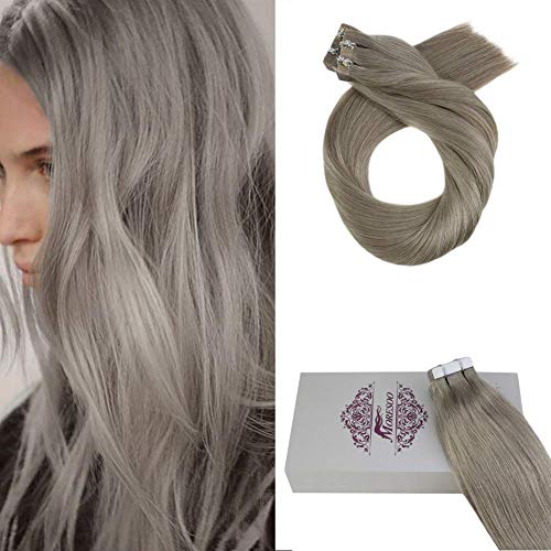 Moresoo 18 Inch Remy Human Hair Tape in Extensions Silver Grey Color #66 Seamless Skin Weft Glue on Remy Human Hair 20pcs/50g Tape on Hair