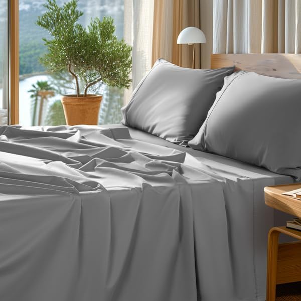 SONORO KATE 100% Egyptian Cotton Sheets Set - 1000 High Thread Count, Luxury 5-Star Hotel Sateen Bed Sheets, Soft, Breathable Long Staple Sheets, Fit up to 16" - 4 PC (Grey,Full)