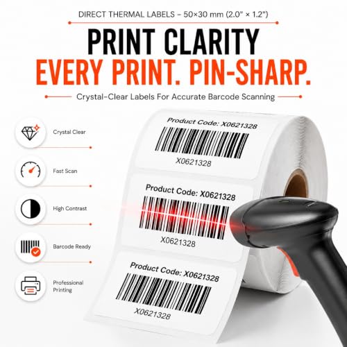 Image of Shreyans Direct Thermal Labels (Pack of 18, 50mm x 30mm - 400 Labels /Roll) - Non Tearable, Water Proof & Non Fade with Permanent Marking - 7200 Labels