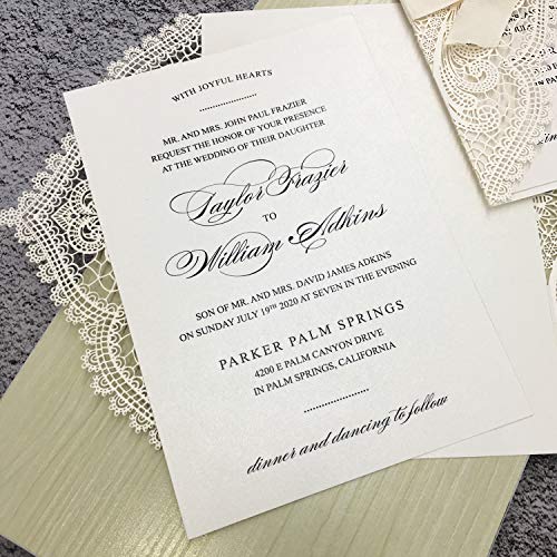 Picky Bride 25pcs 5x7 Wedding Invitations with Envelopes, Laser Cut Lace Hollow with Elegant Ribbons, for Wedding Bridal Shower Engagement Birthday Party Invite, Ivory - Thumbnail 7