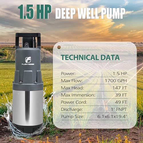 Image of FLUENTPOWER Deep Well Submersible Pump, 1.5HP 115V, 1700GPH, 147' Head, Automatic On /Off Water Pump with 49ft Cord, Stainless Steel, for Garden Home Watering and Farmland Irrigation