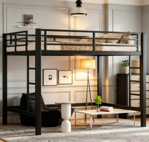 Bellemave Full Loft Bed with 2 Ladders and Guardrails Metal Loft BedFrame for Adults Kids Teens Black