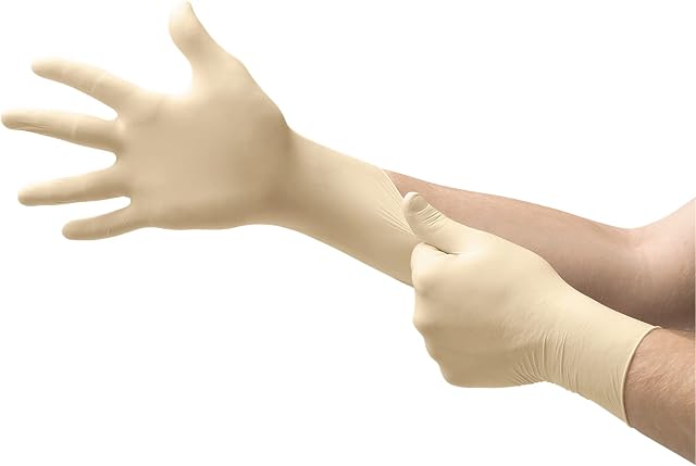 Ansell MicroFlex 63-864 Disposable Latex Gloves with Textured Fingertips, Powder-Free and Food Certified, Multipurpose Professional Gloves, Industrial Safety, White, Size M (100 Gloves)