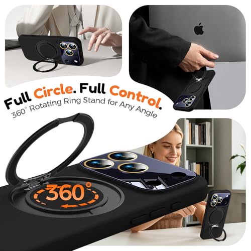 Image of Silicone 360 Spin Magnetic Stand Case for iPhone 17 Pro, [Compatible with Mag-Safe][Reinforced Hard Camera Protection] Liquid Silicone Rubber Phone Case Cover with Ring, Camera Button, Jet Black