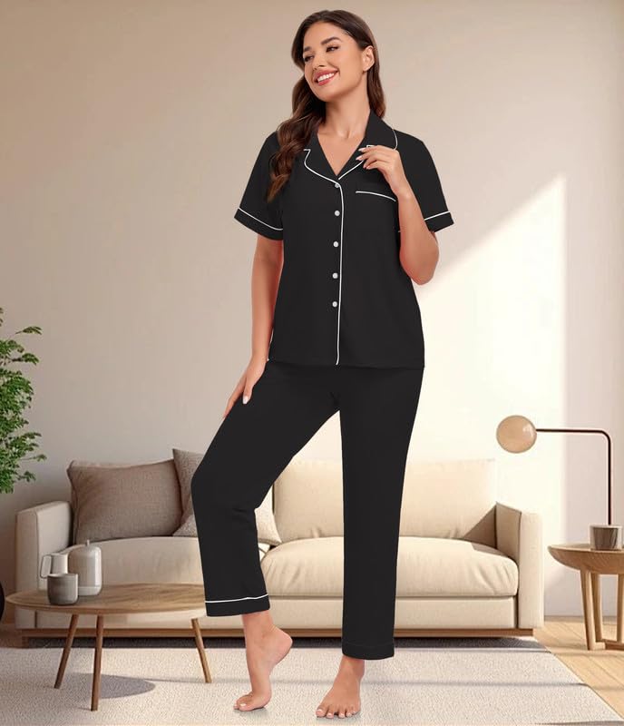 Image of CF 100% Cotton Pajamas for Women Set 2 Piece Short Sleeve Tops and Long Pants Comfy Well-Fitted Loungewear Set Pj Sets