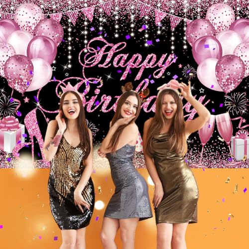 Image of Happy Birthday Banner - Birthday Decorations for Women Girls Pink Birthday Party Banners Welcome Happy Birthday Background Sign for Theme Party Decorations Indoor Outdoor
