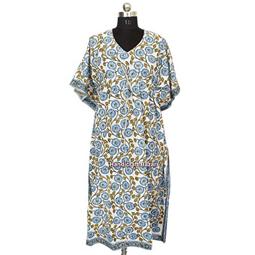 iinfinize Kaftan para mujer, ropa de playa de algodón, vestido de maternidad, vestido de noche con bloque de mano, maxi camisón de caftán, ropa larga, caftán, camisones para mujer Cover
