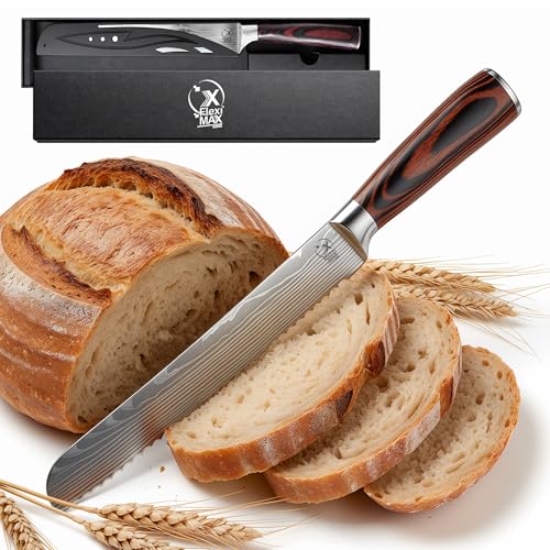 Imagen de Fleximaxx Home ® Cuchillo de Pan Profesional 20 cm Cuchillo de Sierra para Pan Crujiente y Baguette Cuchillo de Cocina de Acero Inoxidable con Mango de Madera Ergonómico Cuchillos cocina Profesional