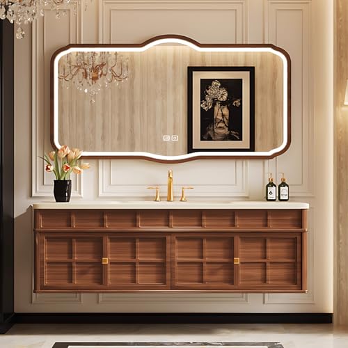 ZGNBSD Bathroom Vanity Set with Sink – Modern Wall-Mounted Bathroom Vanity Cabinet, Seamless Basin, Anti-Fog Mirror, Soft-Close Drawers, Waterproof Finish, Fully Assembled (44IN,Wood A)