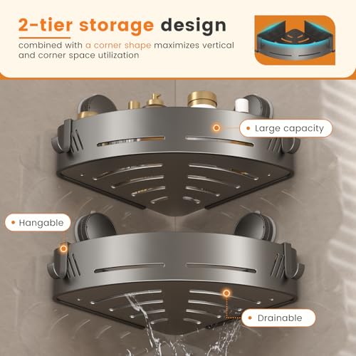Triangular-Corner-Shower-Caddy-2-Pack-with-Suction-Cups-and-Hooks-Gun-grey-aluminum-shower-shelves-for-smooth-corner-walls-no-drilling-suction-cup-mounting-and-built-in-hooks