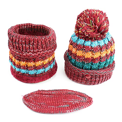NICE Home Frauen Mädchen Strickmütze Schal Set Mode Winter warme Mütze mit zusätzlichem Schal, 22-23inch, Rotwein Cover
