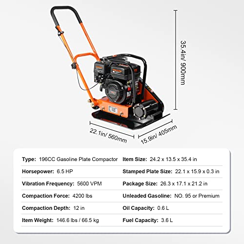 VEVOR 6.5HP Plate Compactor, 196CC Gas Engine, 4200 lbs Vibratory Compaction Tamper, 22.1x15.9 in Plate Power Jumping Jack Tamper, 5600 VPM Pavement Compactor for Walkways, Asphalts, Paver Landscaping