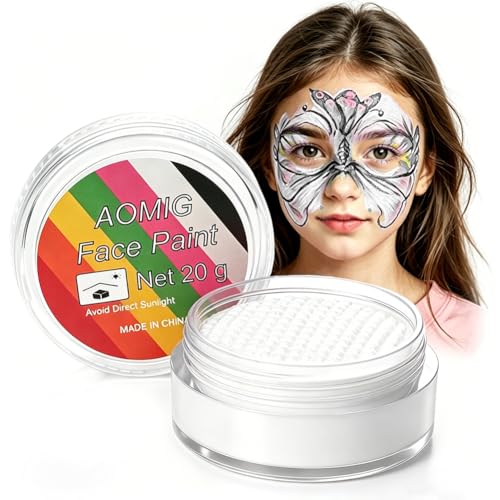 Aomig Pintacaras Infantil, 20g Pintura Facial y Corporal con Esponja de Maquillaje, Pintura Cara para Maquillaje Halloween Cosplay Fiesta Festival Artes, Blanco
