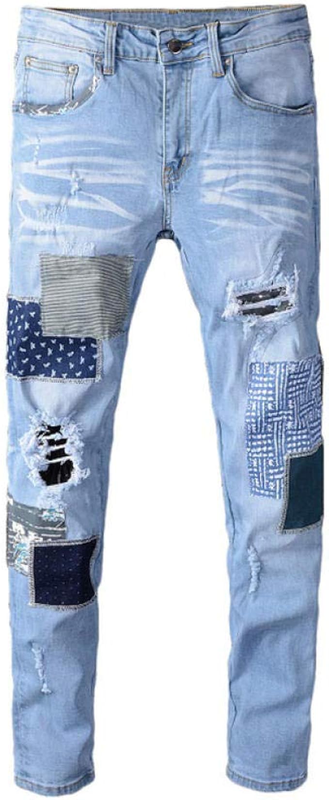 Amazon メンズパッチワーク破れたジーンズ水色の穴ストレッチデニムパンツパッチデザインパンツ しています 33 ジーンズ 通販