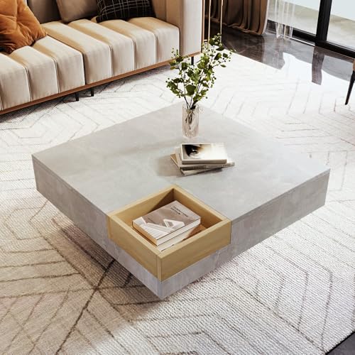 Goldicoo Table basse avec boîte de rangement amovible, gris béton et couleur bois, panneau de particules, 72 x 72 x 30 cm, 15,3 kg
