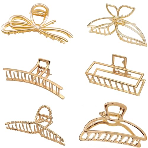 kapimo 6 Pcs Big Hair Claw Clips for Women Girls Gold Matte Metal Clutcher Strong Grip for Thick Long Hair Sec