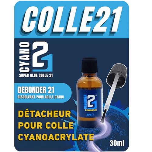 Dissolvant pour colle cyano Debondeur21 by Super Glue Cyano Colle21 | Dissolvant pour colle cyano – Flacon de 30 ml – Détachant pour super glue – Dissolvant pour taches et résidus de colle cyano.