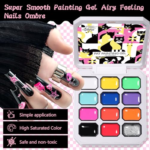 GELLAKTIK 12 Color Patting Nail Gel Polish Kit, Ombre Painting Gel Palette with Brush & Silicone Patting Pen & Nail Art Stickers - UV/LED Curing for Gradient Nails, Beginner Friendly DIY Manicure Set