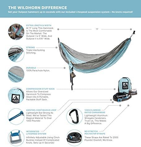 Wildhorn Outpost Double/Single Portable Camping Hammock with Cinch Buckle Tree Straps