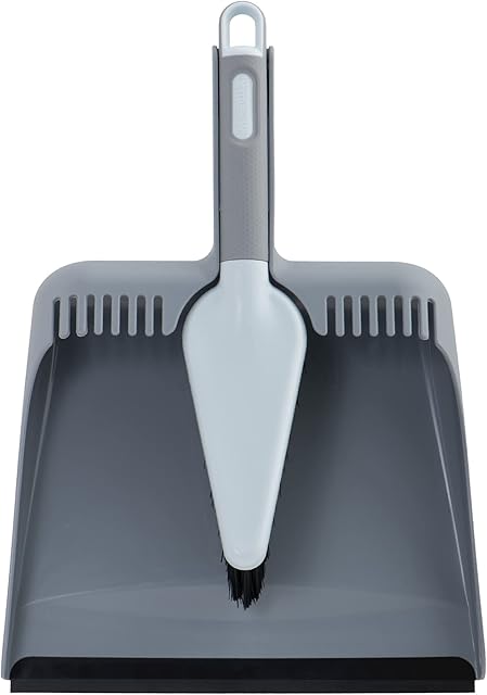 Casabella Wayclean Handheld Angled, Medium, Gray Dustpan and Brush Set, Green and Taupe