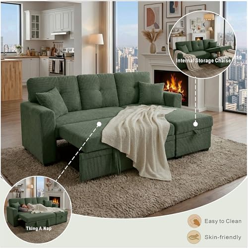 Image of KEIKI 71 inch Sectional L Shaped Pull Out Sofa Bed, Sleeper Sofa with Reversible Chaise, 3 Seater Modular Sectional Sofa with Storage for Living Room, Dark Green