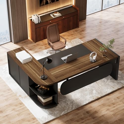 Image of Tribesigns 80'' L-Shaped Desk, Large Executive Office Desk with 55'' Drawers Cabinet, Modern Commercial Office Table with Storage Shelves, Business Furniture for Home Office, Brown & Black