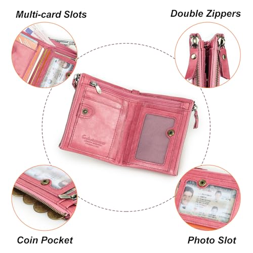 Image of CONTACTS Soft Leather Wallet for Women Small Bifold Coin Purse Double Zipper Card Holder with RFID Blocking (Watermelon Red)