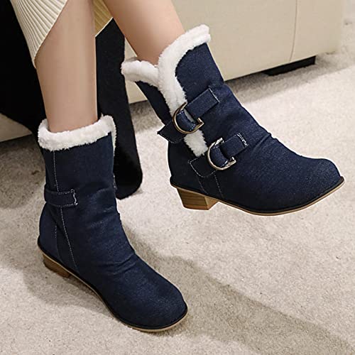 Womens Denim Flat Short Ankle Boots Chunky Low Heel Ankle Buckle Cute Short Boots3