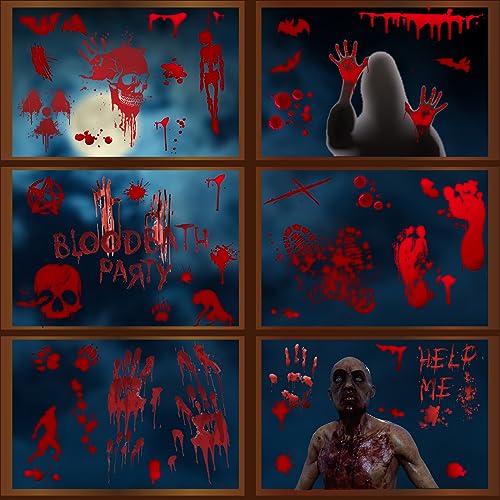 Halloween Bloody Stickers 73 Pieces Halloween Decorative Window Pictures Realistic Scary Bloody Hand Foot with Blood Stains Window Sticker for Window Bathroom Door Yard 9 Sheets