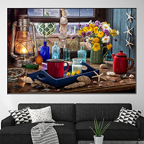 Peinture nature morte fleur vintage grand poster toile 70x100cm déco salon