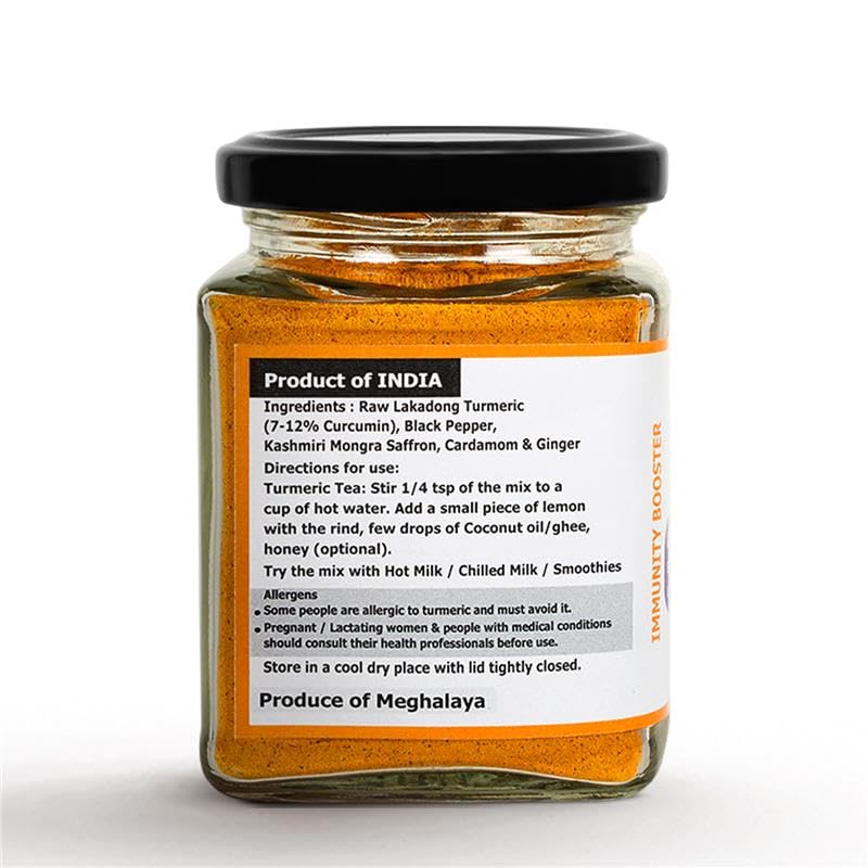 Image of Aranyam Lakadong Turmeric Drink Mix | Infused with Black Pepper, Ginger, Cardamom & Saffron - High Curcumin (7-12%) | Haldi Powder for Golden Milk, Latte, Herbal Tea & Health Drinks (100 Grams)