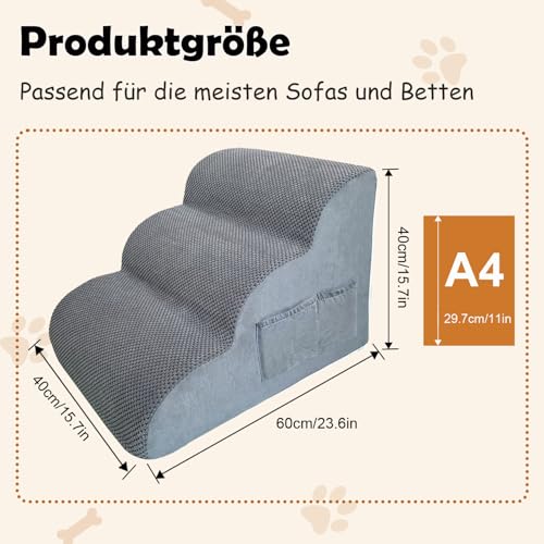 3-stufige Hundetreppe für Kleine Hunde mit Waschbarer Hülle, 2 Aufbewahrungstaschen & Tragegriff - Hochdichte Schaumstoffstufen, Rutschfester Bezug - Grau