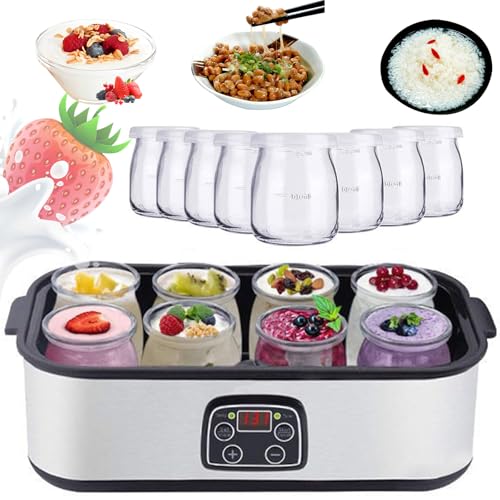 Yogurt Maker con 8 tarros de vidrio, máquina eléctrica automática de 1400 ml para yogur orgánico y natto, regalo de salud multifunción para hombres y mujeres