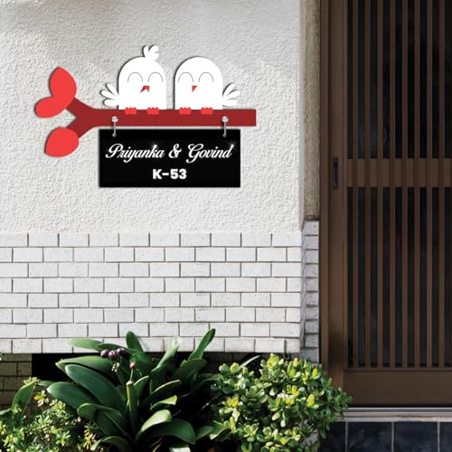 Image of Love Birds Hanging Nameplate for Home Entrance | Customized Name Plate with MDF & Acrylic | Decorative Wall Name Plate for Indoor Use