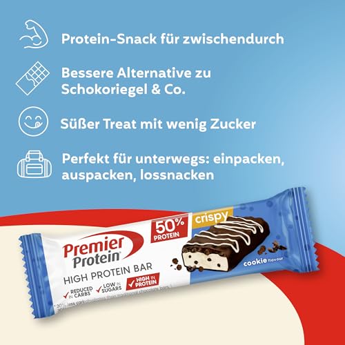 Premier Protein - High Protein Bar 50%+Crispy - Cookie - 16x40g - Low Sugar - Low Carb - palmölfrei