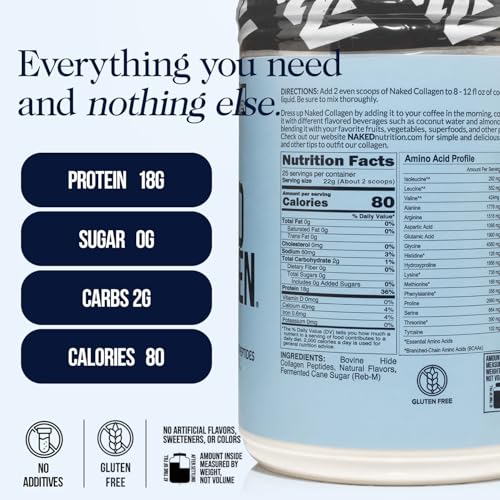 Image of NAKED Vanilla Collagen Peptides Protein Powder, 25 Servings, Pasture-Raised, Grass-Fed Hydrolyzed Collagen Supplement, Paleo Friendly, Non-GMO, Keto, Gluten Free, 19.4oz