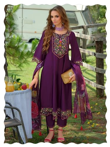 Image of INDO ERA Women's A-Line Silk Blend Floral Embroidered Kurta & Pant with Dupatta Set (IEOUT10970)
