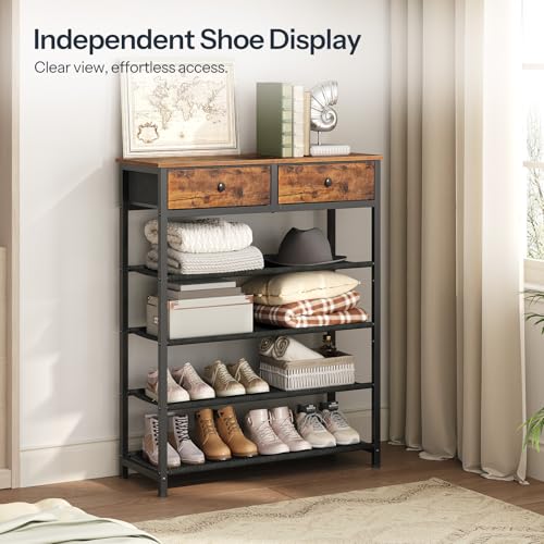 HOOBRO Shoe Rack, 5 Tier Shoe Storage Organizer with 2 Non-Woven Drawers, 12-16 Pairs of Shoes for Entryway, Shoe Shelf with 4 Oxford Fabric Shelves and Wooden Top, Closet, Rustic Brown BF78XJ01 - Image 4